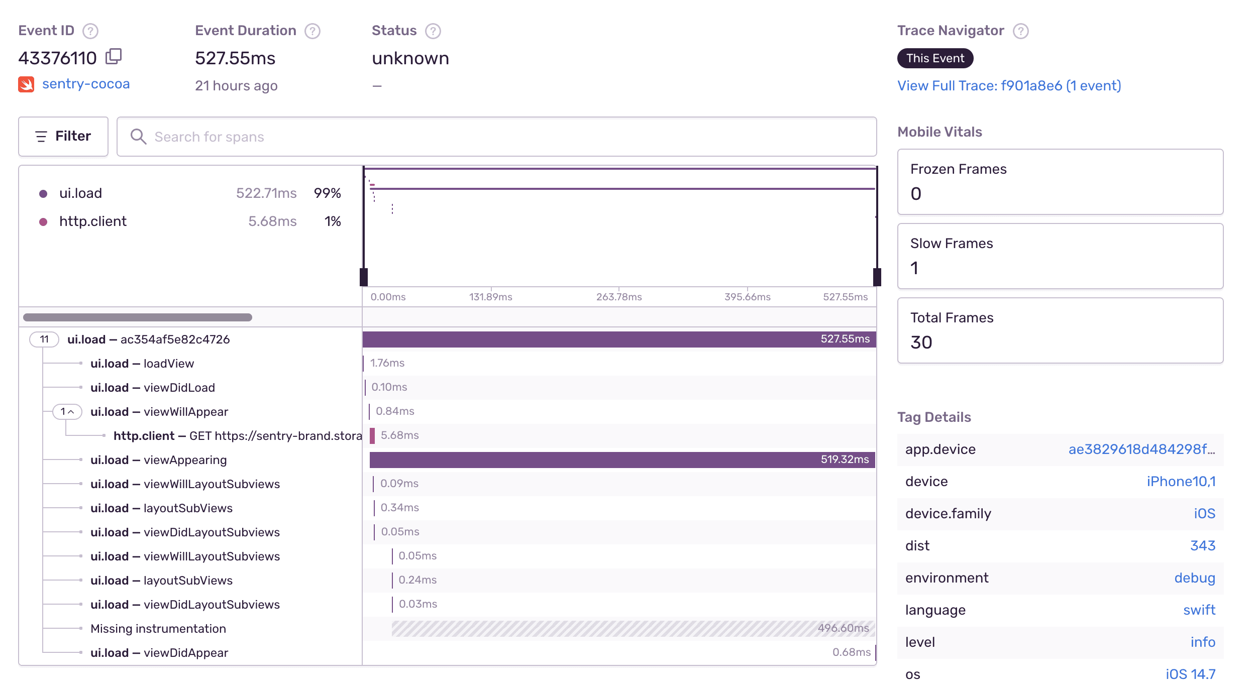 The event detail of a transaction with slow and frozen frames measurements.